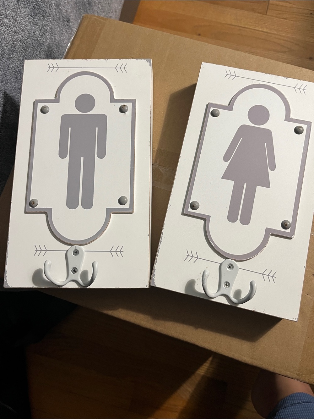 White Bathroom Wall Hook Set with Light Gray Male & Female Signs